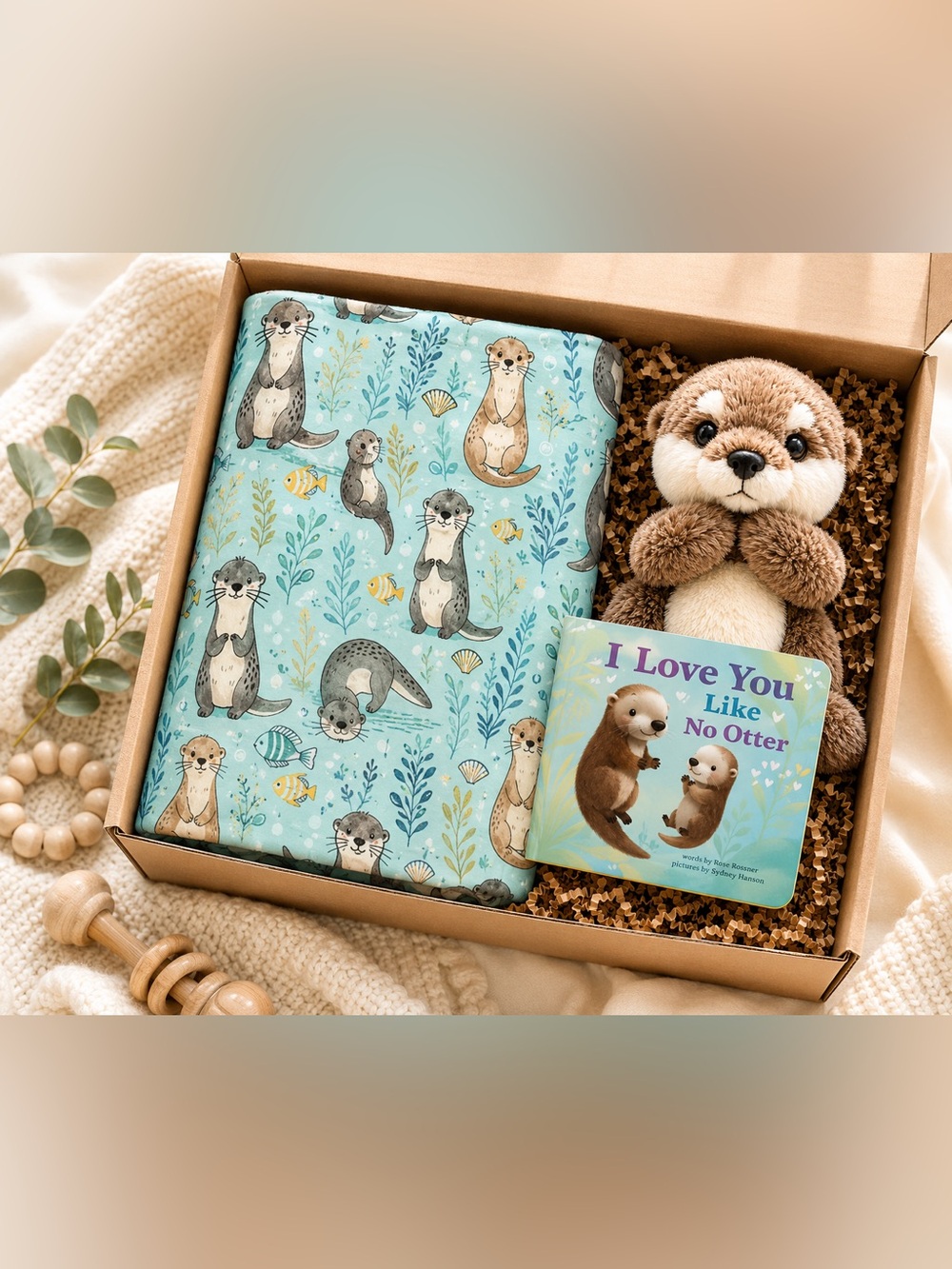 Teal Otter Print Baby Gift Set with Plush Otter and Board Book